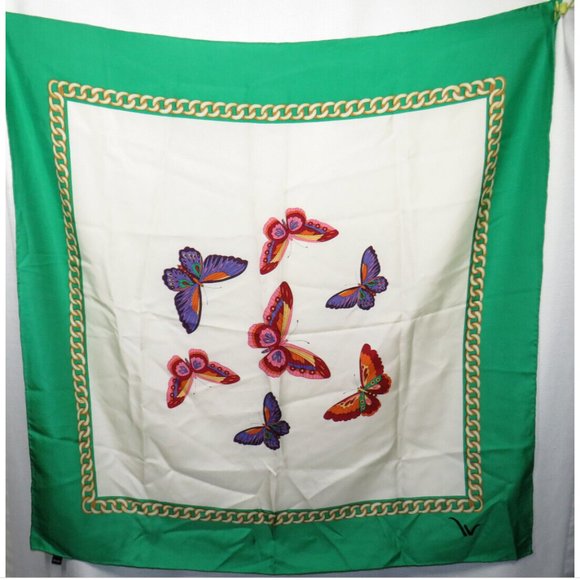 Green Ivory Multi Butterfly Print Chain Border Print Scarf, 33"x33" - Picture 1 of 7